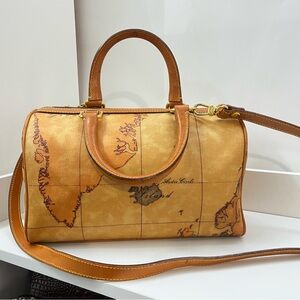 ALVIERO MARTINI Prima 1’ Classe Boston Speedy Map Leather Satchel Tote Crossbody